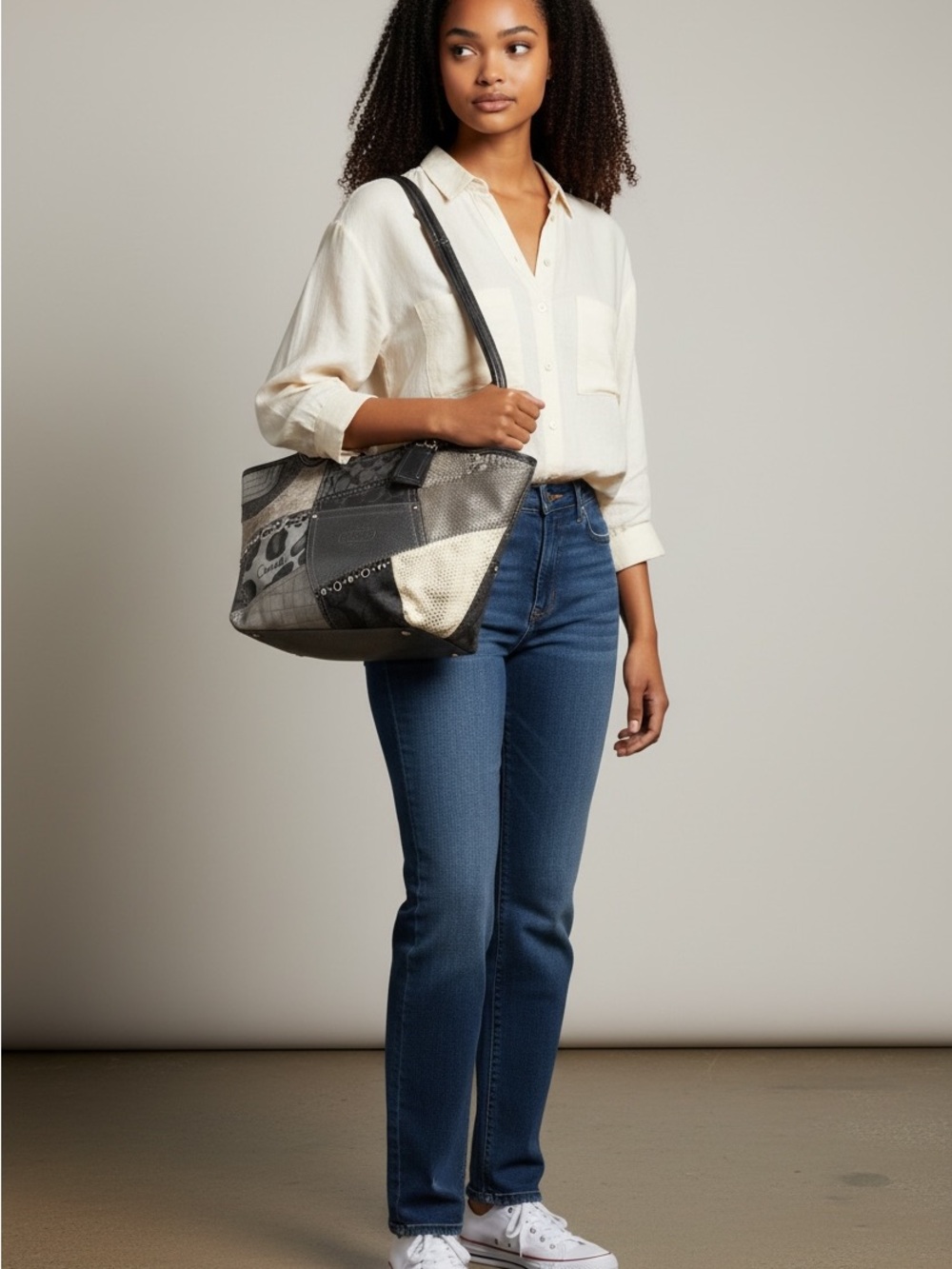 Coach Patchwork Shoulder Tote in Black, Gray and Cream